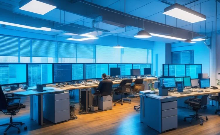 Ein warm beleuchtetes, modernes Entwicklerbüro bei Tageslicht, in dem konzentrierte Java-Programmierer lebhaft an Laptops arbeiten, umgeben von Bildschirmen mit komplexem Code und dynamischer Datenvisualisierung, die die Faszination und Präzision der Bytecode-Manipulation mit der einladenden Atmosphäre innovativer Teamarbeit verbindet.