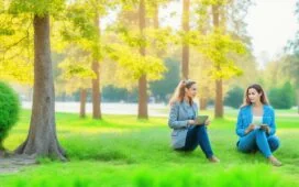 Eine helle, warm beleuchtete Aufnahme moderner junger Menschen, vorwiegend Frauen, die entspannt mit Smartphones und Laptops in einem freundlichen, offenen Büroambiente interagieren und dabei konzentriert sowie inspiriert wirken, während natürliches Tageslicht die Szene lebendig und einladend gestaltet.