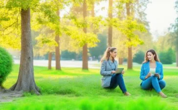 Eine helle, warm beleuchtete Aufnahme moderner junger Menschen, vorwiegend Frauen, die entspannt mit Smartphones und Laptops in einem freundlichen, offenen Büroambiente interagieren und dabei konzentriert sowie inspiriert wirken, während natürliches Tageslicht die Szene lebendig und einladend gestaltet.
