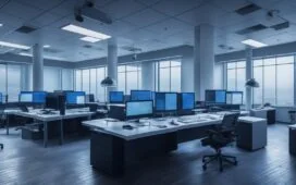 Ein hell erleuchtetes Büro mit modernen Computern und einem konzentrierten Entwickler, der vertrauensvoll mit subtilen Lichtreflexen auf sensible digitale Daten auf einem Bildschirm blickt und dabei eine ruhige, optimistische Atmosphäre von Achtsamkeit und Verantwortung vermittelt.
