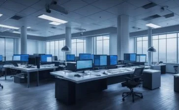 Ein hell erleuchtetes Büro mit modernen Computern und einem konzentrierten Entwickler, der vertrauensvoll mit subtilen Lichtreflexen auf sensible digitale Daten auf einem Bildschirm blickt und dabei eine ruhige, optimistische Atmosphäre von Achtsamkeit und Verantwortung vermittelt.