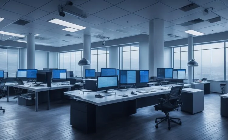 Ein hell erleuchtetes Büro mit modernen Computern und einem konzentrierten Entwickler, der vertrauensvoll mit subtilen Lichtreflexen auf sensible digitale Daten auf einem Bildschirm blickt und dabei eine ruhige, optimistische Atmosphäre von Achtsamkeit und Verantwortung vermittelt.