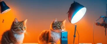 Ein hell erleuchteter, moderner Arbeitsplatz mit einem fokussierten Menschen vor zwei großen Bildschirmen, auf denen einer eine klassische Suchmaschine zeigt und der andere eine KI-Chat-Oberfläche, umgeben von warmem Tageslicht und subtilen Details, die die Balance zwischen digitaler Informationssuche und kreativer KI-Nutzung einfühlsam widerspiegeln.