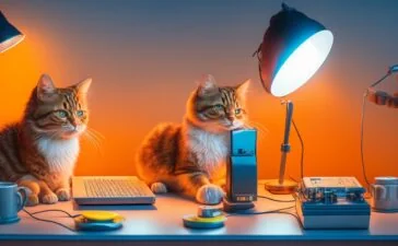 Ein hell erleuchteter, moderner Arbeitsplatz mit einem fokussierten Menschen vor zwei großen Bildschirmen, auf denen einer eine klassische Suchmaschine zeigt und der andere eine KI-Chat-Oberfläche, umgeben von warmem Tageslicht und subtilen Details, die die Balance zwischen digitaler Informationssuche und kreativer KI-Nutzung einfühlsam widerspiegeln.