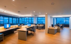 Ein warm beleuchtetes, modernes Büro mit einem nachdenklichen asiatisch aussehenden IT-Experten vor mehreren Bildschirmen, die Datenströme und KI-Symbole zeigen, eingefangen in einem klaren, natürlichen Licht, das die Atmosphäre von Transparenz und technologischer Verantwortung eindrucksvoll vermittelt.