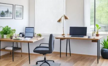 Ein sonnendurchflutetes, modernes Arbeitszimmer mit einem Laptop, auf dem eine helle Chrome-Browser-Oberfläche zu sehen ist, während eine Person entspannt und konzentriert am Tisch sitzt, umgeben von warmen Holztönen und natürlichem Grün, das eine Atmosphäre von technischer Souveränität und Zuversicht vermittelt.