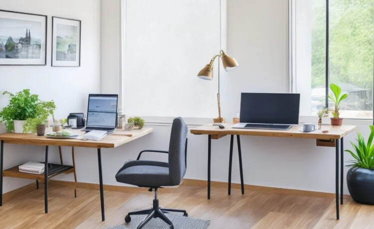 Ein sonnendurchflutetes, modernes Arbeitszimmer mit einem Laptop, auf dem eine helle Chrome-Browser-Oberfläche zu sehen ist, während eine Person entspannt und konzentriert am Tisch sitzt, umgeben von warmen Holztönen und natürlichem Grün, das eine Atmosphäre von technischer Souveränität und Zuversicht vermittelt.