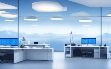 In einem modernen, lichtdurchfluteten Büro mit großen Fenstern diskutieren dynamisch gekleidete IT-Expert:innen lebhaft vor zwei großen Bildschirmen, die komplexe Cloud- und On-Premise-Diagramme zeigen, während warme Sonnenstrahlen den Raum mit einer einladenden Atmosphäre füllen.