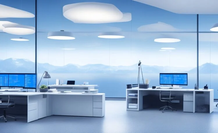In einem modernen, lichtdurchfluteten Büro mit großen Fenstern diskutieren dynamisch gekleidete IT-Expert:innen lebhaft vor zwei großen Bildschirmen, die komplexe Cloud- und On-Premise-Diagramme zeigen, während warme Sonnenstrahlen den Raum mit einer einladenden Atmosphäre füllen.