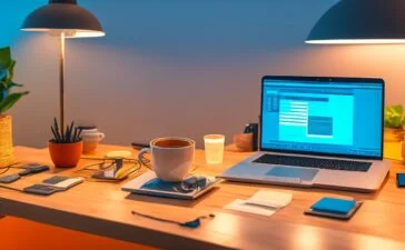 Ein heller, warm beleuchteter Arbeitsplatz mit einem modernen Laptop und einem nachdenklich lächelnden Profi, der konzentriert in den Bildschirm blickt, umgeben von Notizen und Kaffeetasse – Symbol für Vertrauen, Technik und die Herausforderungen der KI-Wiederkehr.