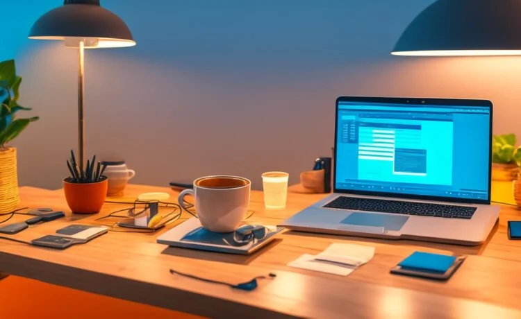 Ein heller, warm beleuchteter Arbeitsplatz mit einem modernen Laptop und einem nachdenklich lächelnden Profi, der konzentriert in den Bildschirm blickt, umgeben von Notizen und Kaffeetasse – Symbol für Vertrauen, Technik und die Herausforderungen der KI-Wiederkehr.