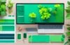 Ein hell erleuchteter, moderner Arbeitsplatz mit einem Laptop, auf dessen Bildschirm eine farbenfrohe CSS-Farbpalette und Design-Tools sichtbar sind, umgeben von sanft warmem Tageslicht und lebendigem Pflanzen-Grün, das eine einladende Atmosphäre für kreative Webgestaltung und Farbexperimente schafft.