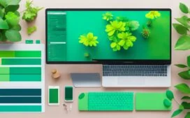 Ein hell erleuchteter, moderner Arbeitsplatz mit einem Laptop, auf dessen Bildschirm eine farbenfrohe CSS-Farbpalette und Design-Tools sichtbar sind, umgeben von sanft warmem Tageslicht und lebendigem Pflanzen-Grün, das eine einladende Atmosphäre für kreative Webgestaltung und Farbexperimente schafft.