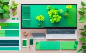 Ein hell erleuchteter, moderner Arbeitsplatz mit einem Laptop, auf dessen Bildschirm eine farbenfrohe CSS-Farbpalette und Design-Tools sichtbar sind, umgeben von sanft warmem Tageslicht und lebendigem Pflanzen-Grün, das eine einladende Atmosphäre für kreative Webgestaltung und Farbexperimente schafft.
