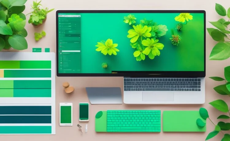 Ein hell erleuchteter, moderner Arbeitsplatz mit einem Laptop, auf dessen Bildschirm eine farbenfrohe CSS-Farbpalette und Design-Tools sichtbar sind, umgeben von sanft warmem Tageslicht und lebendigem Pflanzen-Grün, das eine einladende Atmosphäre für kreative Webgestaltung und Farbexperimente schafft.