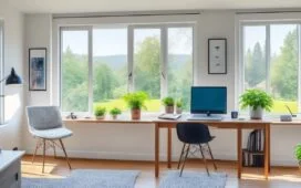 Ein sonnendurchflutetes, modernes Home-Office mit einer fokussierten Person mittleren Alters, die entspannt am Laptop arbeitet, während sanftes Tageslicht durch große Fenster fällt und warme Holztöne dem Raum eine einladende Atmosphäre der digitalen Sicherheit und Achtsamkeit verleihen.