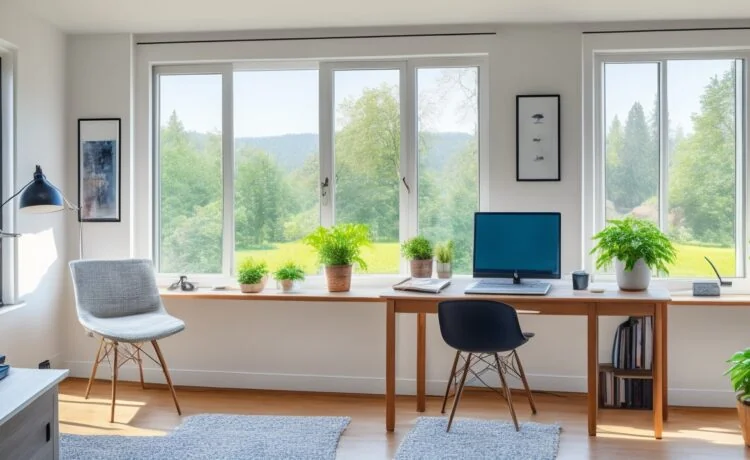 Ein sonnendurchflutetes, modernes Home-Office mit einer fokussierten Person mittleren Alters, die entspannt am Laptop arbeitet, während sanftes Tageslicht durch große Fenster fällt und warme Holztöne dem Raum eine einladende Atmosphäre der digitalen Sicherheit und Achtsamkeit verleihen.