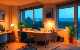 Ein warm beleuchtetes, modernes Arbeitszimmer mit einer Person mittleren Alters, die konzentriert an einem Laptop sitzt, während Sonnenlicht durchs Fenster fällt und eine beruhigende Atmosphäre schafft, die den alltäglichen Umgang mit Cyber-Sicherheit freundlich und zugänglich widerspiegelt.