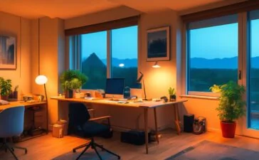 Ein warm beleuchtetes, modernes Arbeitszimmer mit einer Person mittleren Alters, die konzentriert an einem Laptop sitzt, während Sonnenlicht durchs Fenster fällt und eine beruhigende Atmosphäre schafft, die den alltäglichen Umgang mit Cyber-Sicherheit freundlich und zugänglich widerspiegelt.