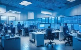 In einem modernen, lichtdurchfluteten Büro strahlt ein junges, dynamisches Team aus Forschern und Entwicklerinnen konzentrierte Zuversicht aus, während sie an einem futuristischen Computer-Setup mit mehreren Bildschirmen arbeiten, das die innovative Welt der erschwinglichen chinesischen KI von DeepSeek lebendig einfängt.