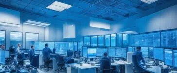 In einem modernen, lichtdurchfluteten Büro strahlt ein junges, dynamisches Team aus Forschern und Entwicklerinnen konzentrierte Zuversicht aus, während sie an einem futuristischen Computer-Setup mit mehreren Bildschirmen arbeiten, das die innovative Welt der erschwinglichen chinesischen KI von DeepSeek lebendig einfängt.