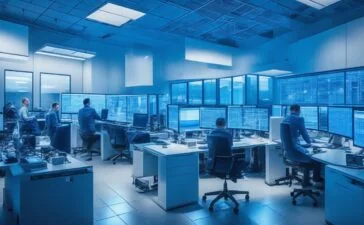 In einem modernen, lichtdurchfluteten Büro strahlt ein junges, dynamisches Team aus Forschern und Entwicklerinnen konzentrierte Zuversicht aus, während sie an einem futuristischen Computer-Setup mit mehreren Bildschirmen arbeiten, das die innovative Welt der erschwinglichen chinesischen KI von DeepSeek lebendig einfängt.