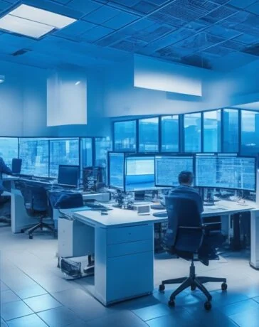In einem modernen, lichtdurchfluteten Büro strahlt ein junges, dynamisches Team aus Forschern und Entwicklerinnen konzentrierte Zuversicht aus, während sie an einem futuristischen Computer-Setup mit mehreren Bildschirmen arbeiten, das die innovative Welt der erschwinglichen chinesischen KI von DeepSeek lebendig einfängt.