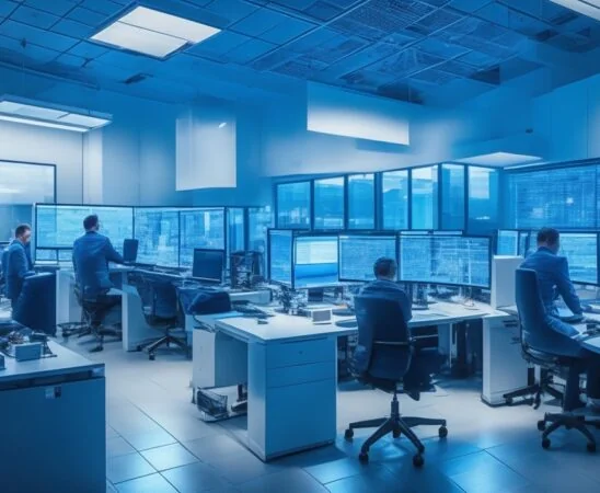 In einem modernen, lichtdurchfluteten Büro strahlt ein junges, dynamisches Team aus Forschern und Entwicklerinnen konzentrierte Zuversicht aus, während sie an einem futuristischen Computer-Setup mit mehreren Bildschirmen arbeiten, das die innovative Welt der erschwinglichen chinesischen KI von DeepSeek lebendig einfängt.