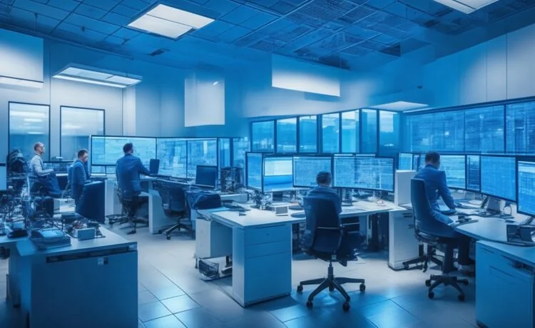 In einem modernen, lichtdurchfluteten Büro strahlt ein junges, dynamisches Team aus Forschern und Entwicklerinnen konzentrierte Zuversicht aus, während sie an einem futuristischen Computer-Setup mit mehreren Bildschirmen arbeiten, das die innovative Welt der erschwinglichen chinesischen KI von DeepSeek lebendig einfängt.