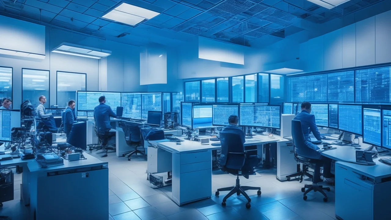 In einem modernen, lichtdurchfluteten Büro strahlt ein junges, dynamisches Team aus Forschern und Entwicklerinnen konzentrierte Zuversicht aus, während sie an einem futuristischen Computer-Setup mit mehreren Bildschirmen arbeiten, das die innovative Welt der erschwinglichen chinesischen KI von DeepSeek lebendig einfängt.