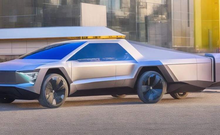 Ein strahlend sonnenbeschienener Tesla Cybertruck steht in moderner Urban-Umgebung, von sanftem Tageslicht umspielt, während eine entspannte Person mit warmem Lächeln neben dem futuristischen E-Pickup steht und die dynamische Spannung zwischen Innovation, Hoffnung und strategischem Wandel im Elektrofahrzeugmarkt einfühlsam einfängt.
