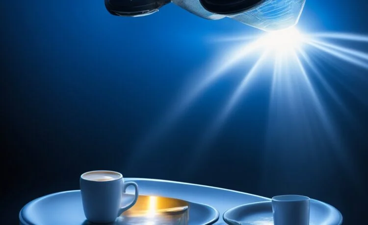 Ein strahlend hell ausgeleuchteter, natürlicher Moment zeigt ein schlankes iPhone Air auf einer stilvollen Holzoberfläche, umgeben von subtilen Alltagselementen wie einer geöffneten Notiz und einer Tasse Kaffee, das Licht reflektiert sanft auf dem glatten Titan-Gehäuse und vermittelt eine warme, einladende Atmosphäre voller Eleganz und Alltagstauglichkeit.