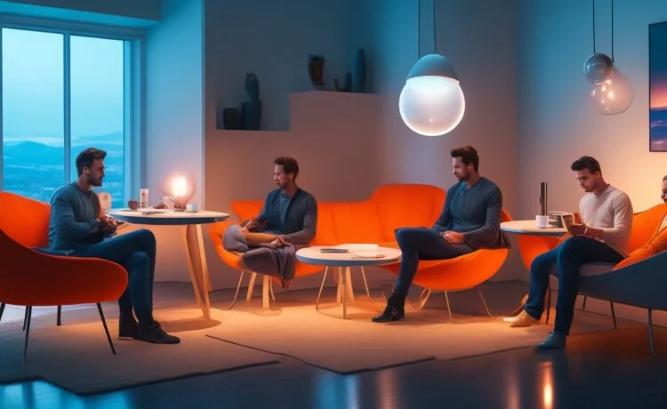 Ein warm ausgeleuchtetes, modernes Wohnzimmer mit einem entspannten jungen Mann, der am Tisch sitzt und mit einem schlanken, futuristisch designten KI-Gadget spricht, während weiches Tageslicht durch große Fenster fällt und eine freundliche, zugleich leicht ironische Atmosphäre schafft.