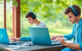 Eine helle, einladende Studioumgebung mit einem nachdenklichen jungen Forscher, der fasziniert ein modernes, feines Gehirn-Computer-Interface-Headset hält, während warmes Tageslicht sanft über seine konzentrierte Miene und technische Geräte auf dem Schreibtisch fällt – ein inspirierender Blick in die Zukunft der Neurotechnologie.