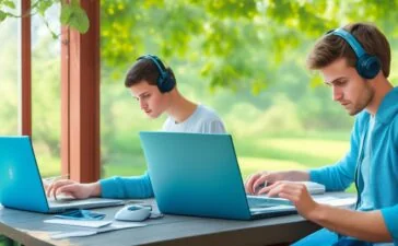 Eine helle, einladende Studioumgebung mit einem nachdenklichen jungen Forscher, der fasziniert ein modernes, feines Gehirn-Computer-Interface-Headset hält, während warmes Tageslicht sanft über seine konzentrierte Miene und technische Geräte auf dem Schreibtisch fällt – ein inspirierender Blick in die Zukunft der Neurotechnologie.