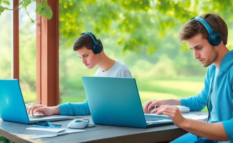Eine helle, einladende Studioumgebung mit einem nachdenklichen jungen Forscher, der fasziniert ein modernes, feines Gehirn-Computer-Interface-Headset hält, während warmes Tageslicht sanft über seine konzentrierte Miene und technische Geräte auf dem Schreibtisch fällt – ein inspirierender Blick in die Zukunft der Neurotechnologie.