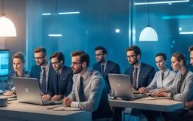 In einem hell erleuchteten modernen Büro arbeitet ein engagiertes kleines Team mit freundlichen Gesichtern konzentriert an Laptops und Tablets, um gemeinsam die komplexen Datenschutzanforderungen zu meistern, während warme Sonnenstrahlen durch große Fenster hereinfallen und eine positive, hoffnungsvolle Arbeitsatmosphäre schaffen.