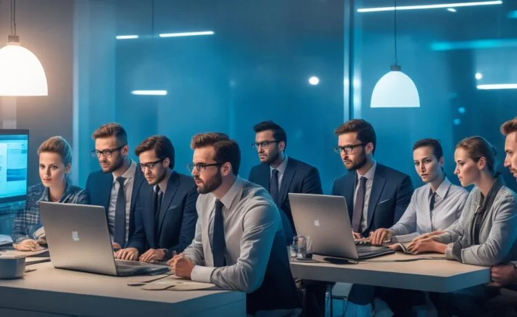 In einem hell erleuchteten modernen Büro arbeitet ein engagiertes kleines Team mit freundlichen Gesichtern konzentriert an Laptops und Tablets, um gemeinsam die komplexen Datenschutzanforderungen zu meistern, während warme Sonnenstrahlen durch große Fenster hereinfallen und eine positive, hoffnungsvolle Arbeitsatmosphäre schaffen.