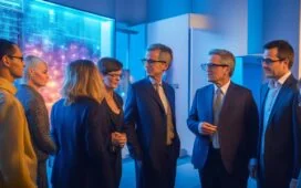 Ein hell beleuchteter, freundlicher Besprechungsraum mit engagierten Personen verschiedener Generationen und Hintergründe, die bei warmem Tageslicht konzentriert und respektvoll eine Diskussion über digitale Datenschutzthemen führen, während moderne Technik und Dokumente auf dem Tisch lebendige Einblicke in die komplexe Debatte um KI-Verordnung und Grundrechte vermitteln.