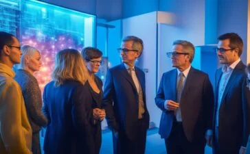 Ein hell beleuchteter, freundlicher Besprechungsraum mit engagierten Personen verschiedener Generationen und Hintergründe, die bei warmem Tageslicht konzentriert und respektvoll eine Diskussion über digitale Datenschutzthemen führen, während moderne Technik und Dokumente auf dem Tisch lebendige Einblicke in die komplexe Debatte um KI-Verordnung und Grundrechte vermitteln.