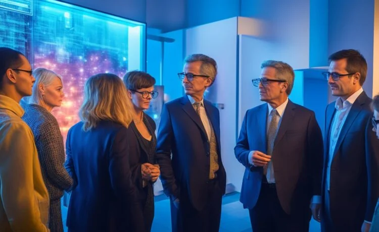 Ein hell beleuchteter, freundlicher Besprechungsraum mit engagierten Personen verschiedener Generationen und Hintergründe, die bei warmem Tageslicht konzentriert und respektvoll eine Diskussion über digitale Datenschutzthemen führen, während moderne Technik und Dokumente auf dem Tisch lebendige Einblicke in die komplexe Debatte um KI-Verordnung und Grundrechte vermitteln.