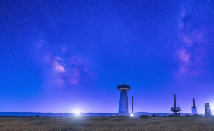 Strahlendes, natürlich beleuchtetes Foto einer modernen Bodenstation mit DE-CIX-Ingenieuren bei der Arbeit, im Hintergrund klar sichtbare LEO-Satelliten am blauen Himmel und sanfte Sonnenstrahlen, die Wärme und die zukunftsweisende Partnerschaft zwischen Netzwerk- und Raumfahrttechnologie einladend vermitteln.