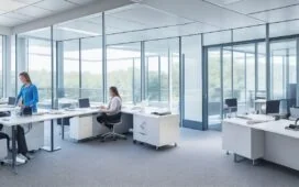 Ein sonnendurchflutetes modernes Büro mit einer lächelnden Geschäftsfrau, die konzentriert vor einem transparenter Bildschirm mit digitalen Dokumenten und Datenvisualisierungen arbeitet, während Kollegen im Hintergrund in entspannter, produktiver Atmosphäre zusammenarbeiten und warme Holztöne und natürliche Pflanzen für ein einladendes, zukunftsorientiertes Arbeitsumfeld sorgen.