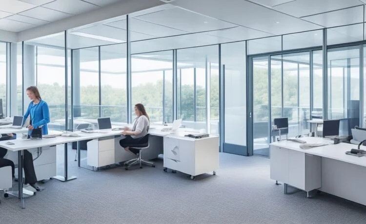 Ein sonnendurchflutetes modernes Büro mit einer lächelnden Geschäftsfrau, die konzentriert vor einem transparenter Bildschirm mit digitalen Dokumenten und Datenvisualisierungen arbeitet, während Kollegen im Hintergrund in entspannter, produktiver Atmosphäre zusammenarbeiten und warme Holztöne und natürliche Pflanzen für ein einladendes, zukunftsorientiertes Arbeitsumfeld sorgen.