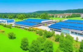 Strahlend helle Szene eines modernen, energieeffizienten Rechenzentrums-Campus in Hanau, eingebettet in sanft grüne Landschaften und unter blauem Himmel, wo Sonnenlicht warme Akzente auf die innovative Architektur mit Solarpanelen und begrünten Flachdächern setzt, während Mitarbeiter im Vordergrund in entspannter, konzentrierter Atmosphäre die nachhaltige Technik inspizieren – ein Symbol für die zukunftsweisende Dekarbonisierung digitaler Infrastruktur.