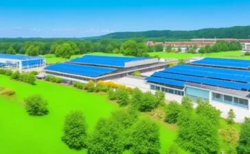 Strahlend helle Szene eines modernen, energieeffizienten Rechenzentrums-Campus in Hanau, eingebettet in sanft grüne Landschaften und unter blauem Himmel, wo Sonnenlicht warme Akzente auf die innovative Architektur mit Solarpanelen und begrünten Flachdächern setzt, während Mitarbeiter im Vordergrund in entspannter, konzentrierter Atmosphäre die nachhaltige Technik inspizieren – ein Symbol für die zukunftsweisende Dekarbonisierung digitaler Infrastruktur.