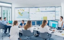 Ein modernes IT-Büro mit einem lächelnden Team vor mehreren großen Bildschirmen, die dynamische Dashboards und Cloud-Netzwerkvisualisierungen in warmem Tageslicht zeigen, während natürliche Pflanzen und helle Holzmöbel eine freundliche, einladende Atmosphäre schaffen.