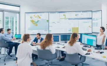Ein modernes IT-Büro mit einem lächelnden Team vor mehreren großen Bildschirmen, die dynamische Dashboards und Cloud-Netzwerkvisualisierungen in warmem Tageslicht zeigen, während natürliche Pflanzen und helle Holzmöbel eine freundliche, einladende Atmosphäre schaffen.