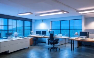 Ein modernes, hell erleuchtetes Büro mit einem entspannten jungen Profi, der lächelnd vor einem großen Bildschirm sitzt, auf dem sich geordnete E-Mail-Icons und Kalendertermine spiegeln, während warme Sonnenstrahlen durch das Fenster fallen und eine freundliche, produktive Atmosphäre schaffen.