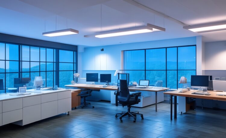 Ein modernes, hell erleuchtetes Büro mit einem entspannten jungen Profi, der lächelnd vor einem großen Bildschirm sitzt, auf dem sich geordnete E-Mail-Icons und Kalendertermine spiegeln, während warme Sonnenstrahlen durch das Fenster fallen und eine freundliche, produktive Atmosphäre schaffen.